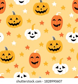 Seamless pattern for Halloween holiday with cute pumpkin jack o lantern. Childish background for fabric, wrapping paper, textile, wallpaper and apparel. Vector Illustration