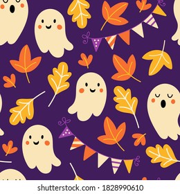 Seamless pattern for Halloween holiday with cute ghost and autumn leaves. Childish background for fabric, wrapping paper, textile, wallpaper and apparel. Vector Illustration