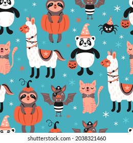 Seamless Pattern For Halloween Holiday With Cute Animals In Costumes. Childish Print Background For Wrapping Paper, Wallpaper And Textile