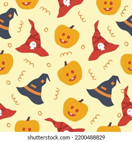 Seamless pattern for Halloween holiday with cute cartoon pumpkin and hat. Childish background for fabric, wrapping paper, textile, wallpaper. Vector Illustration