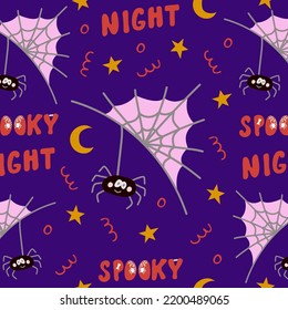 Seamless Pattern For Halloween Holiday With Cute Spider And Spooky Night Lettering. Childish Background For Fabric, Wrapping Paper, Textile, Wallpaper. Vector Illustration