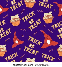 Seamless pattern for Halloween holiday with cute trick or treat lettering and bones. Childish background for fabric, wrapping paper, textile, wallpaper. Vector Illustration