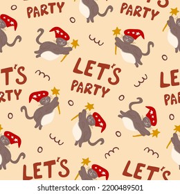 Seamless pattern for Halloween holiday with cute cartoon cat and let's party lettering. Childish background for fabric, wrapping paper, textile, wallpaper. Vector Illustration