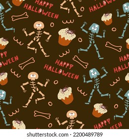 Seamless pattern for Halloween holiday with cute skeleton and bones. Childish background for fabric, wrapping paper, textile, wallpaper. Vector Illustration