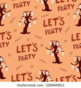 Seamless pattern for Halloween holiday with cute let's party lettering and skulls. Childish background for fabric, wrapping paper, textile, wallpaper. Vector Illustration