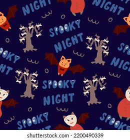 Seamless Pattern For Halloween Holiday With Cute Cartoon Bat And Spooky Night Lettering. Childish Background For Fabric, Wrapping Paper, Textile, Wallpaper. Vector Illustration