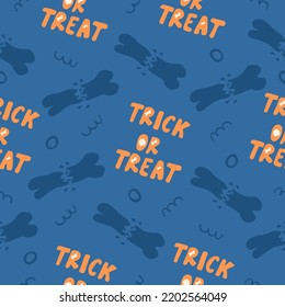 Seamless pattern for Halloween holiday with cute trick or treat lettering and bones. Childish background for fabric, wrapping paper, textile, wallpaper. Vector Illustration