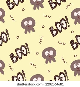 Seamless pattern for Halloween holiday with cute cartoon skull and Boo Halloween lettering. Childish background for fabric, wrapping paper, textile, wallpaper. Vector Illustration