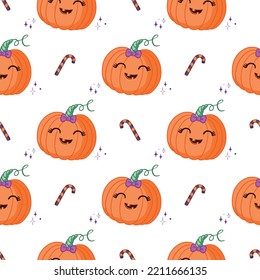 Seamless pattern for Halloween holiday with cute pumpkin. Childish background for fabric, wrapping paper, textile, wallpaper and apparel. Vector Illustration
