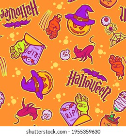 Seamless pattern for Halloween holiday decoration. Halloween symbols cartoon style pumpkin, bat.Vector illustration