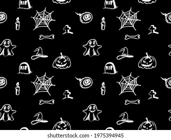 Seamless pattern for Halloween holiday. Different halloween symbols: pumpkin, eyeball, Ghost, Gravestone, spider cobweb, Witch Hat. Holiday background for textile, fabric, wallpaper.