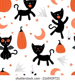 Seamless pattern with the Halloween holiday. Funny black cats, pumpkins, spider webs, moon and stars. Vector graphics.