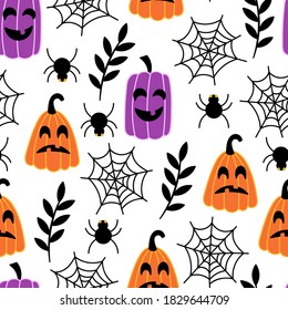 Seamless pattern for Halloween holiday with jack o lantern pumpkin and spider web. Childish background for fabric, wrapping paper, textile, wallpaper and apparel. Vector Illustration