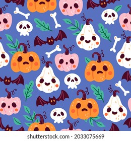 Seamless pattern for Halloween holiday with pumpkin, skull and bat. Childish background for fabric, wrapping paper, textile, wallpaper and apparel