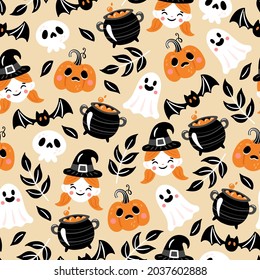 Seamless pattern for Halloween holiday with pumpkin, witch, ghost and skull. Childish background for fabric, wrapping paper, textile, wallpaper and apparel