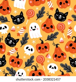 Seamless pattern for Halloween holiday with pumpkin, black cat, ghost and skull. Childish background for fabric, wrapping paper, textile, wallpaper and apparel