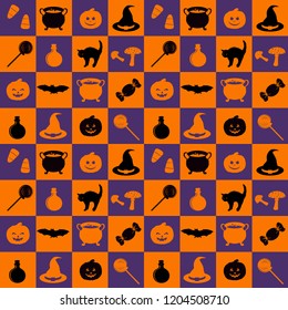 Seamless pattern with halloween holiday related objects silhouettes on checkerboard background. Witches accessory set. Halloween traditional colors scrapbook digital paper, textile print, page fill