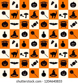 Seamless pattern with halloween holiday related objects silhouettes on checkerboard background. Witches accessory set. Halloween traditional colors scrapbook digital paper, textile print, page fill