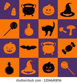 Seamless pattern with halloween holiday related objects silhouettes on checkerboard background. Witches accessory set. Halloween traditional colors scrapbook digital paper, textile print, page fill