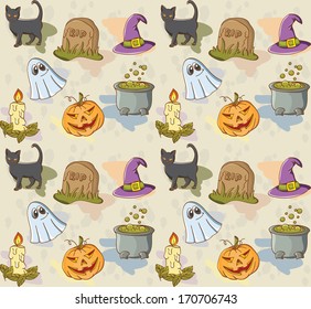 Seamless pattern for Halloween holiday with the traditional objects