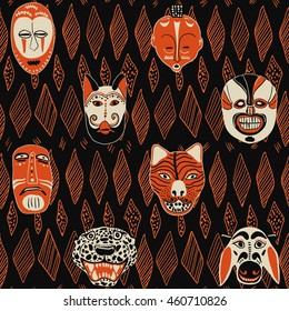 seamless pattern Halloween horrible African masks