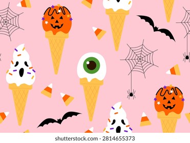 Seamless pattern with Halloween ice cream. Holiday cute design. Ice cream cones and other sweets with Halloween decor. Funny kids print. Halloween ice cream seamless pattern