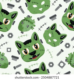 seamless pattern of Halloween icons with a cat in a Frankenstein mask, bolts, scars, a monster heart with bolts and a Frankenstein mask, vector