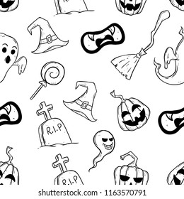 seamless pattern of halloween icons with doodle art syle