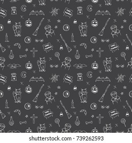 seamless pattern of halloween icons with doodle style on black background