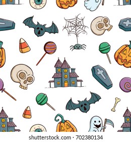 seamless pattern of halloween icons or elements using coloring hand draw style