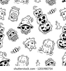 seamless pattern of halloween icons with hand drawn style
