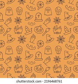 Seamless pattern with halloween icons  on an orange background. Vector set