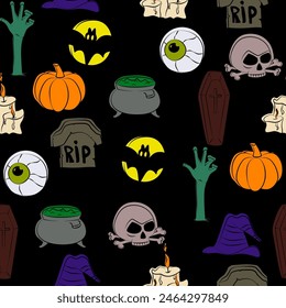 Seamless pattern with Halloween icons on black background
