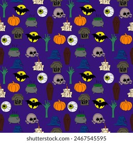 Seamless pattern with Halloween icons on violet. Background for wallpaper, wrapping, packing, and backdrop.