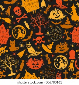 seamless pattern for Halloween icons on a black background