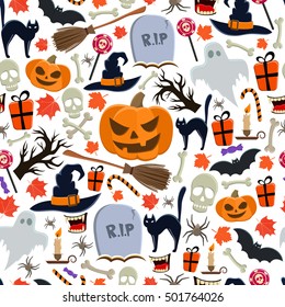 Seamless pattern of Halloween icons on a white background. Vector stock illustration.
