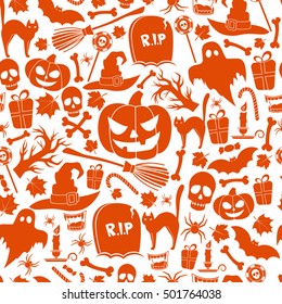 Seamless pattern of Halloween icons on a white background. Vector stock illustration.