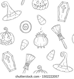 Seamless pattern with Halloween icons.  Pumpkin Jack, witch hat, broom, hat, sweets, candy roots, coffin, pot with potion in sketch style.