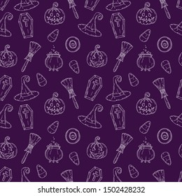 Seamless pattern with Halloween icons.  Pumpkin Jack, witch hat, broom, hat, sweets, candy roots, coffin, pot with potion in sketch style. festive texture for packages, backgrounds, web pages