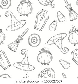 Seamless pattern with Halloween icons.  Pumpkin Jack, witch hat, broom, hat, sweets, candy roots, coffin, pot with potion in sketch style.