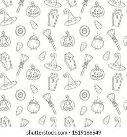 Seamless pattern with Halloween icons.  Pumpkin Jack, witch hat, broom, hat, sweets, candy roots, coffin, pot with potion in sketch style.