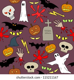 Seamless pattern with Halloween icons and symbols. Scary background doodle.