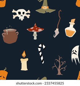 Seamless pattern of Halloween illustration. Vector cartoon elements. Flat style.