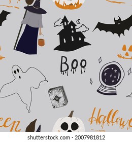 Seamless pattern for Halloween. Illustration of a witch, a house, a ghost, inscriptions, a magic ball, a pumpkin. Design for fabric, print, wallpaper, packaging, design for holidays.