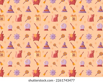 Seamless pattern of halloween illustrations. Flat style with beige background and cute characters. Perfect for the wallpaper, book cover, paper and attribute with theme of halloween.
