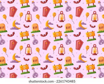 Seamless pattern of halloween illustrations. Flat style with purple background and cute characters. Perfect for the wallpaper, book cover, paper and attribute with theme of halloween.