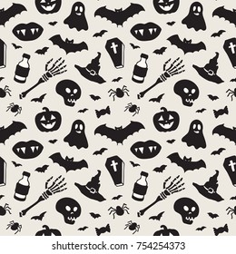 Seamless pattern with Halloween illustrations: ghosts, skulls, spiders, bats, witch hats, coffin, vampire lips, pumpkins, bones, treats. Fantastic spooky doodles. Stylish vector background for any use