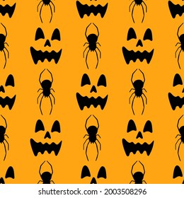 Nahtloses Muster mit Halloween-Illustrationen: Schädel und Spinnen. Fantastische geile Doodles. Stilvoller Vektorhintergrund für jeden Gebrauch