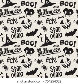 Seamless pattern with Halloween illustrations: spiders, bats, witch hats, vampire lips, bones, pumpkin faces. Hand lettering texts: Halloween, eek, spooky, boo. Fantastic vector background for any use
