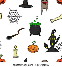 Seamless pattern of halloween illustrations. Vector cartoon background. Hand-drawn style.